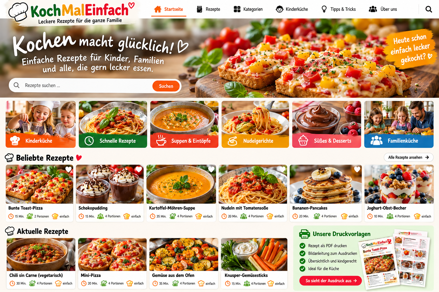 KochMalEinfach Startseite mit Kategorien, beliebten Rezepten und Druckvorlagen